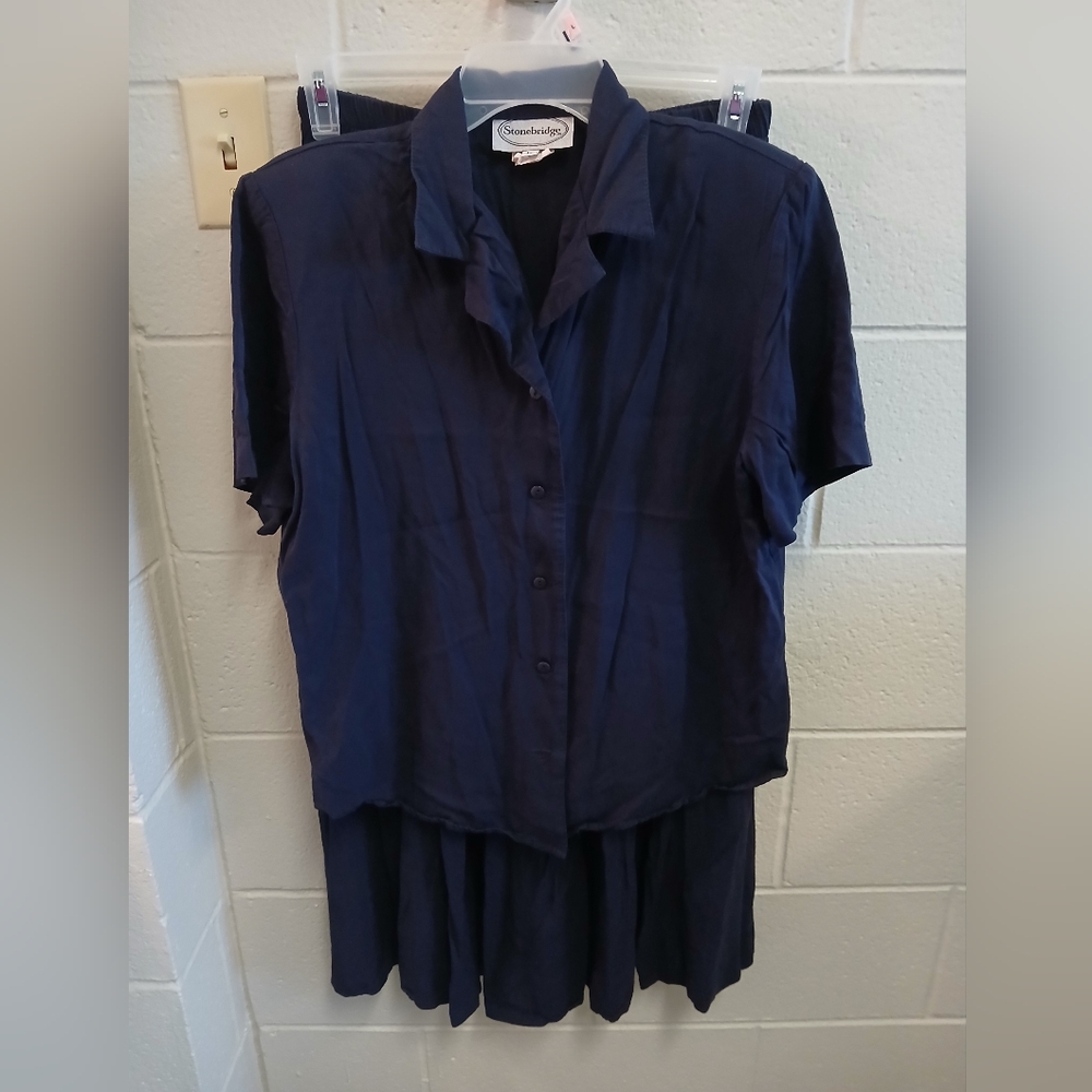 2 Piece Stonebridge Navy Blue Top & Skirt Set, Size Large